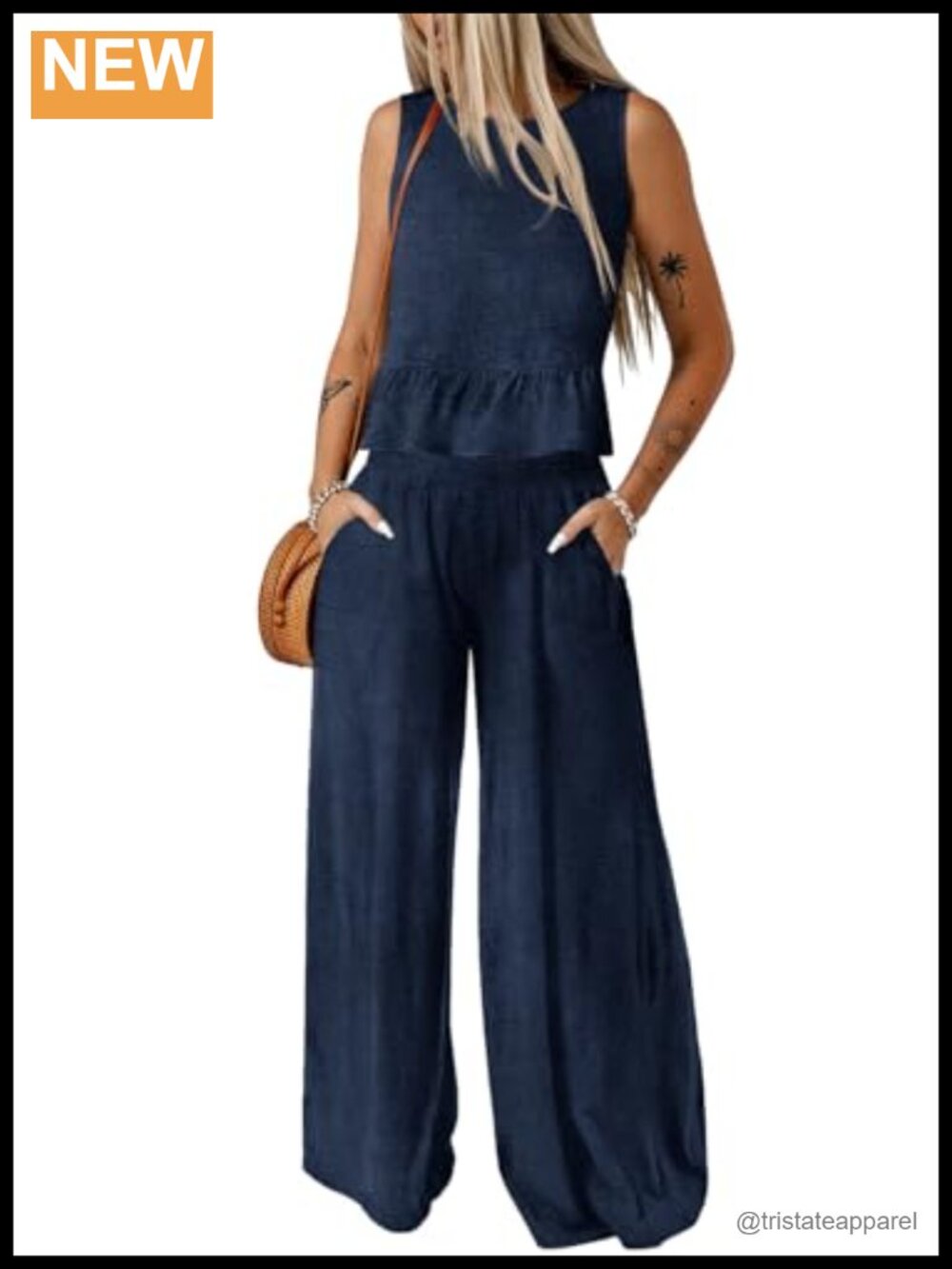 Sleeveless Tank Top and Wide Leg Pant Set with Pockets and Elastic Waist